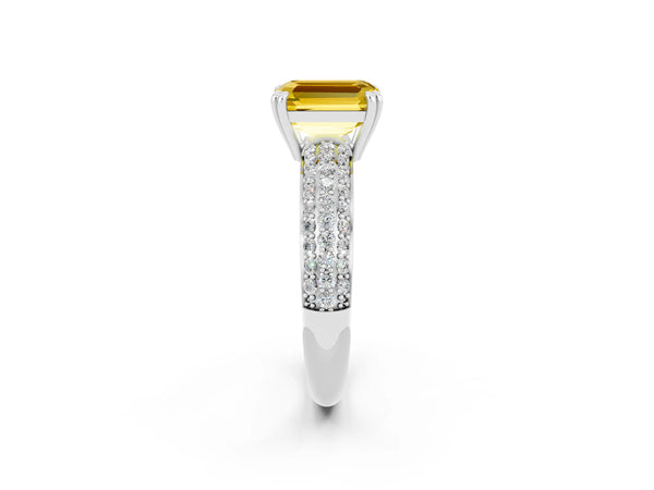 White gold Emerald Cut Yellow Sapphire Solitaire Ring with Multi-Row Round Pavé Band and Prong Setting