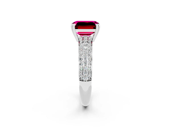 Silver Emerald Cut Garnet Solitaire Ring with Multi-Row Round Pavé Band and Prong Setting