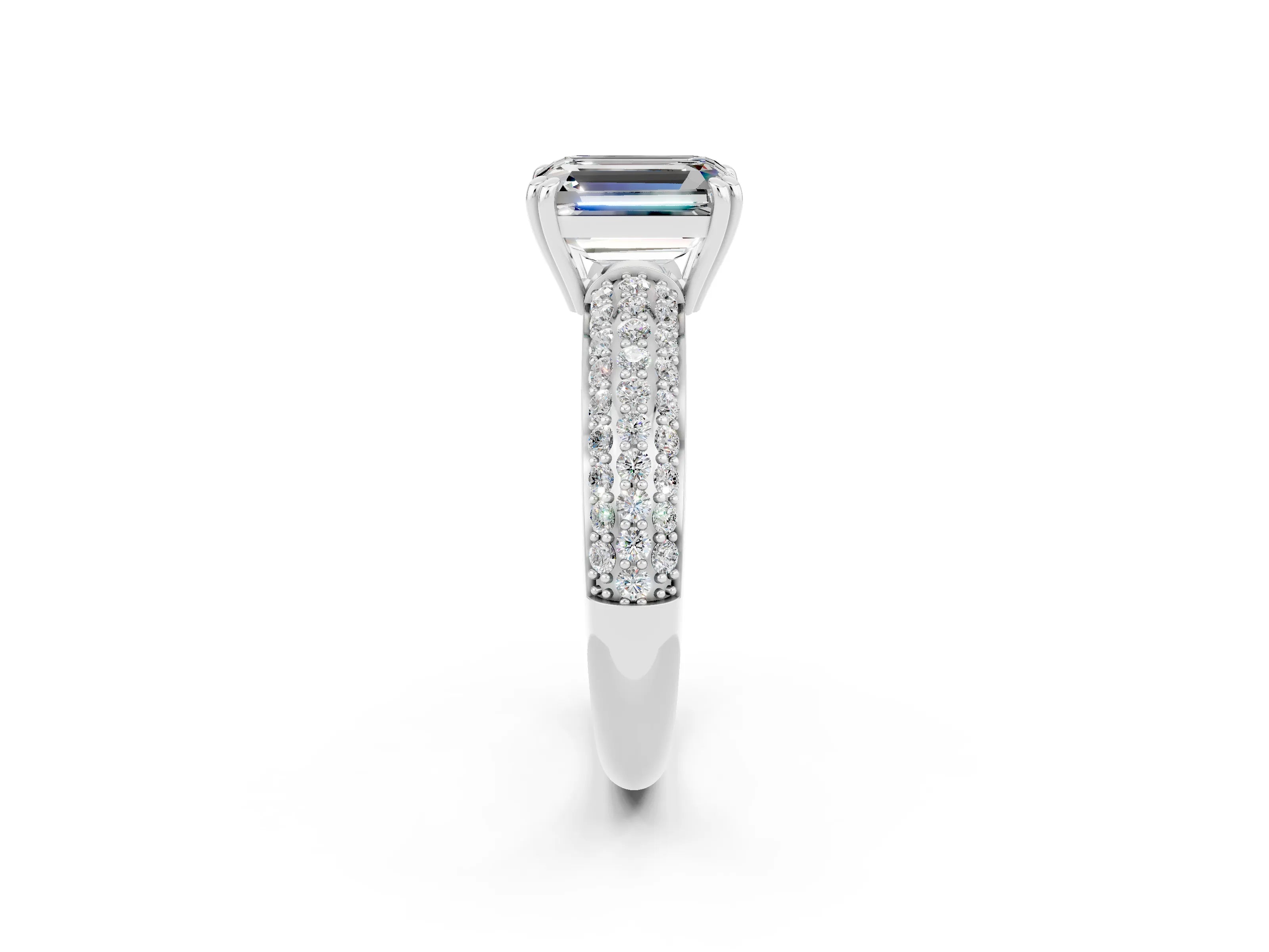 White gold Emerald Cut Cut Pave Diamond Engagement Ring with Channel Set Band and Four-Prong Setting_2