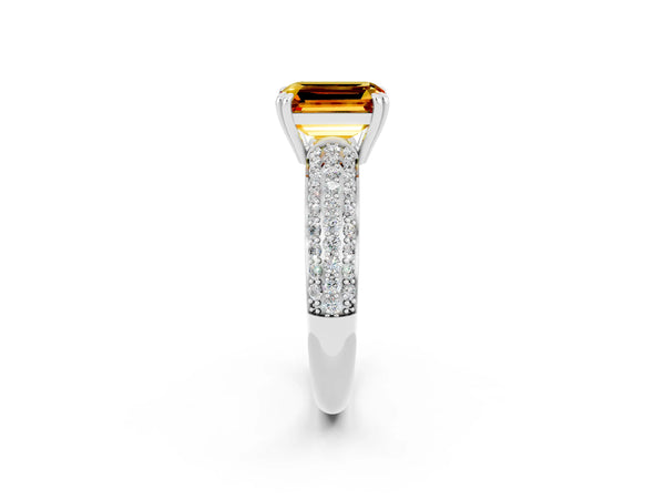 White gold Emerald Cut Citrine Solitaire Ring with Multi-Row Round Pavé Band and Prong Setting