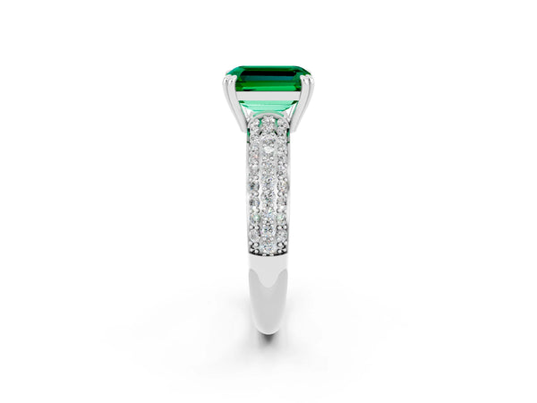Silver Emerald Cut Emerald Solitaire Ring with Multi-Row Round Pavé Band and Prong Setting