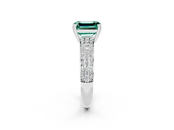 Platinum Emerald Cut Green Sapphire Solitaire Ring with Multi-Row Round Pavé Band and Prong Setting