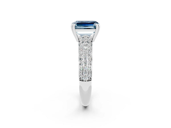 Silver Emerald Cut Aquamarine Solitaire Ring with Multi-Row Round Pavé Band and Prong Setting
