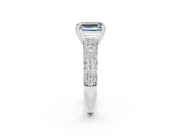 Platinum Emerald Cut Moissanite Solitaire Ring with Multi-Row Round Pavé Band and Prong Setting