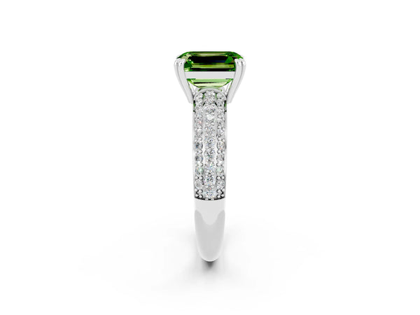 Silver Emerald Cut Cut Pave Diamond Engagement Ring with Channel Set Band and Four-Prong Setting