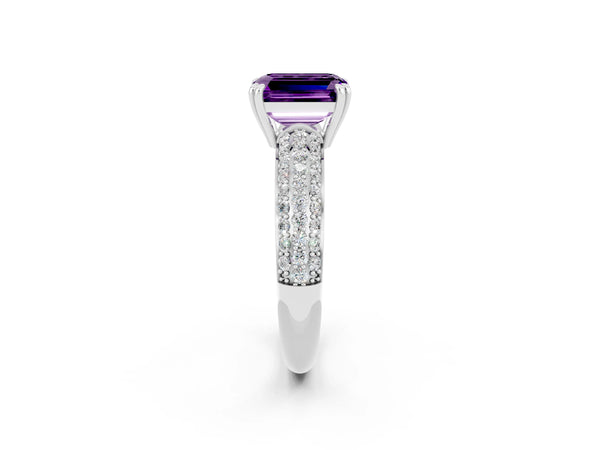 White gold Emerald Cut Amethyst Solitaire Ring with Multi-Row Round Pavé Band and Prong Setting
