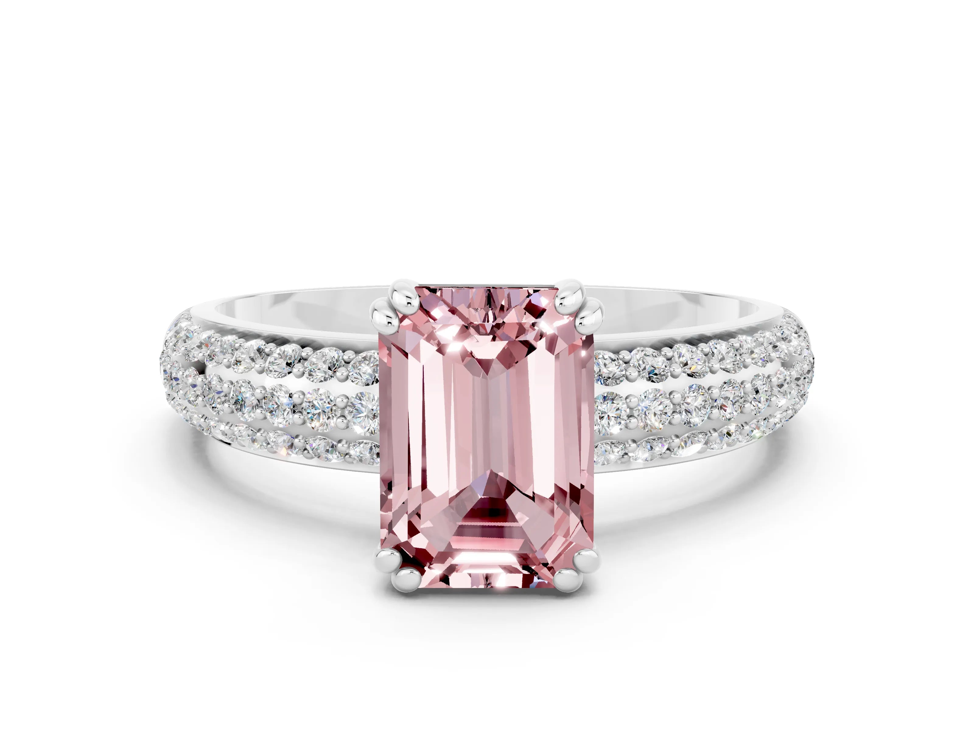 White gold Emerald Cut Cut Pave Diamond Engagement Ring with Channel Set Band and Four-Prong Setting