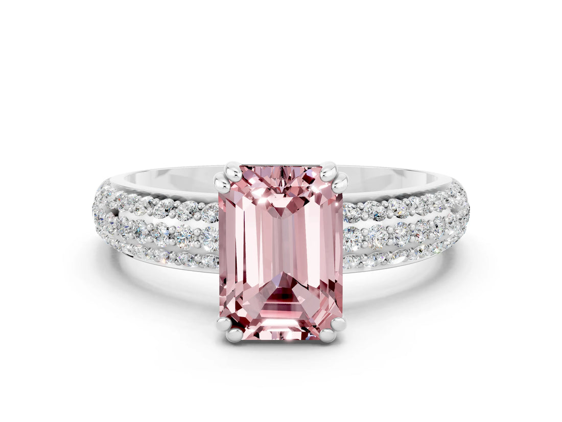 White gold Emerald Cut Cut Pave Diamond Engagement Ring with Channel Set Band and Four-Prong Setting