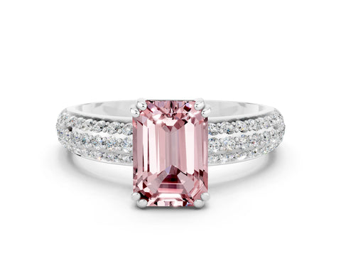 White gold Emerald Cut Cut Pave Diamond Engagement Ring with Channel Set Band and Four-Prong Setting
