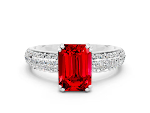 White gold Emerald Cut Cut Pave Diamond Engagement Ring with Channel Set Band and Four-Prong Setting