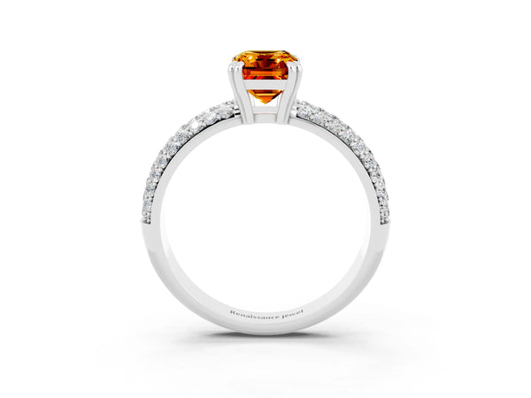 White gold Emerald Cut Citrine Solitaire Ring with Multi-Row Round Pavé Band and Prong Setting