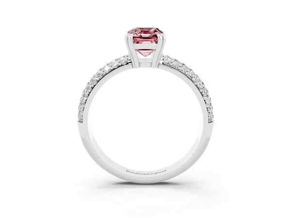 Silver Emerald Cut Cut Pave Diamond Engagement Ring with Channel Set Band and Four-Prong Setting