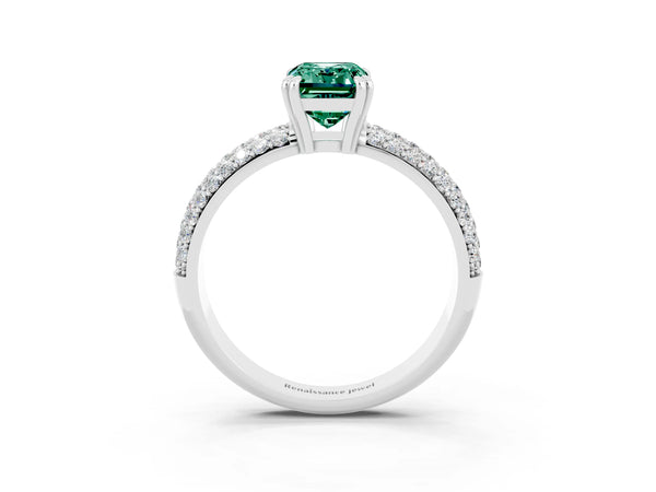 Silver Emerald Cut Green Sapphire Solitaire Ring with Multi-Row Round Pavé Band and Prong Setting