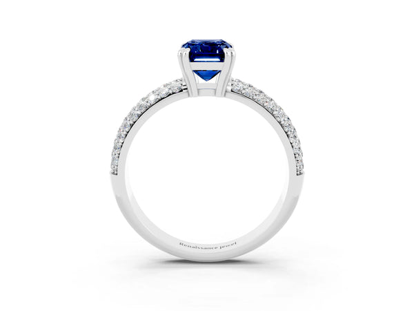 Silver Emerald Cut Blue Sapphire Solitaire Ring with Multi-Row Round Pavé Band and Prong Setting