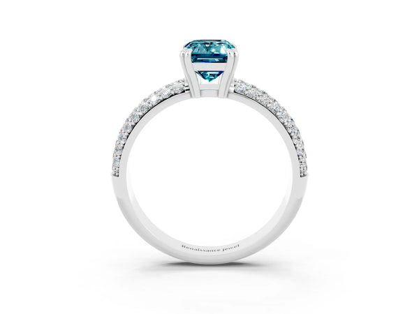Silver Emerald Cut Cut Pave Diamond Engagement Ring with Channel Set Band and Four-Prong Setting