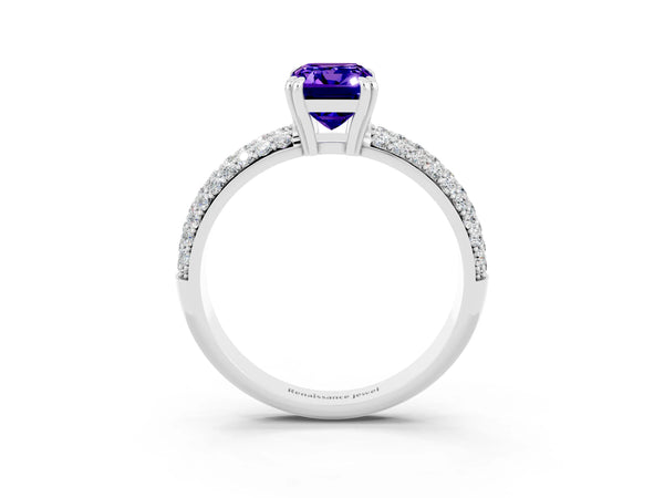 Platinum Emerald Cut Tanzanite Solitaire Ring with Multi-Row Round Pavé Band and Prong Setting