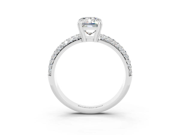 White gold Emerald Cut Moissanite Solitaire Ring with Multi-Row Round Pavé Band and Prong Setting