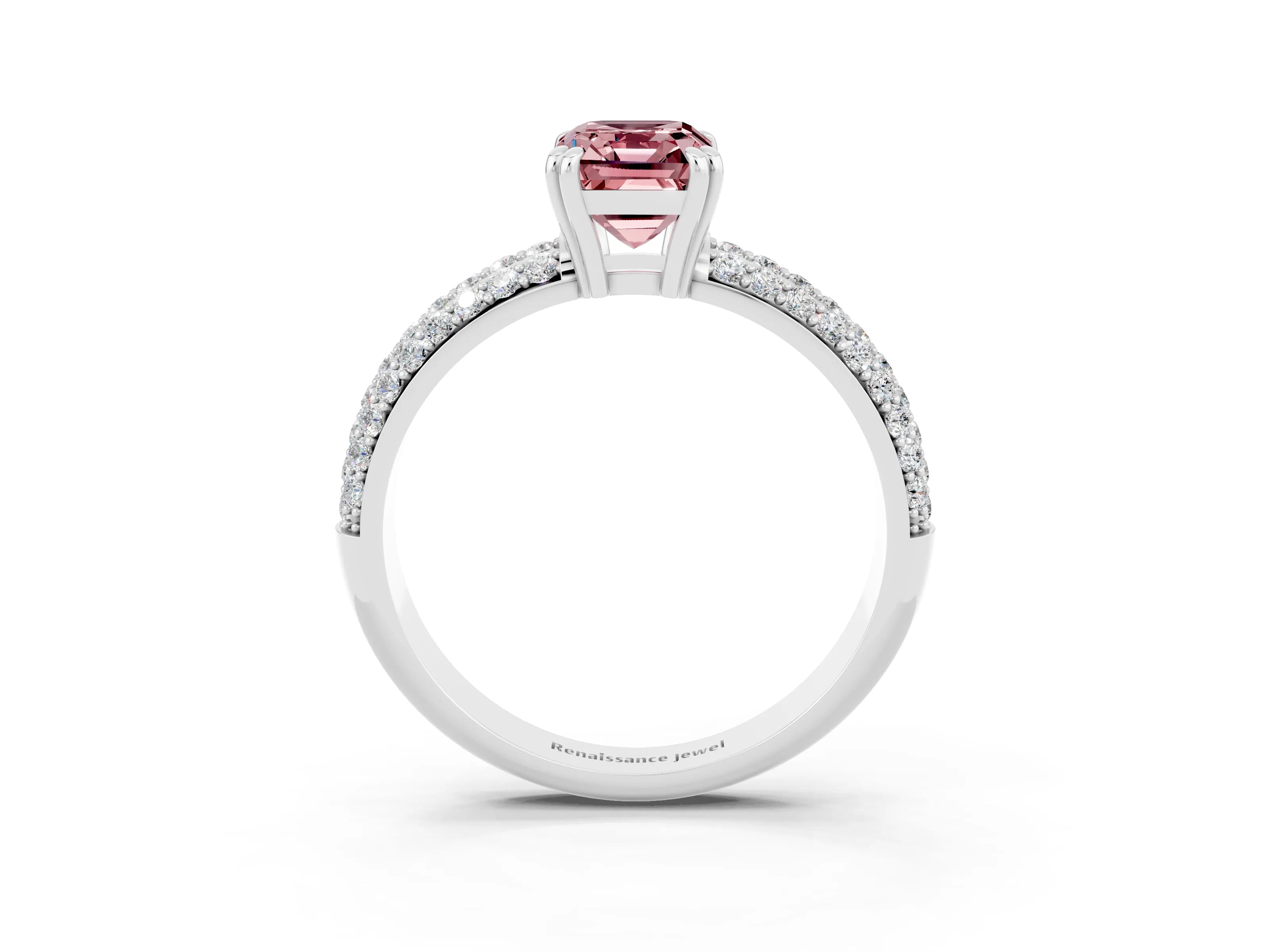 White gold Emerald Cut Cut Pave Diamond Engagement Ring with Channel Set Band and Four-Prong Setting_3