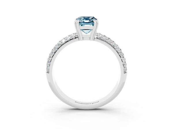 Silver Emerald Cut Aquamarine Solitaire Ring with Multi-Row Round Pavé Band and Prong Setting