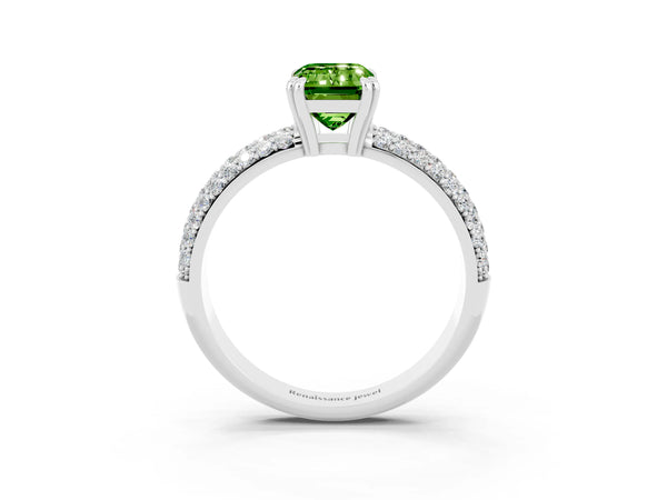 Silver Emerald Cut Cut Pave Diamond Engagement Ring with Channel Set Band and Four-Prong Setting