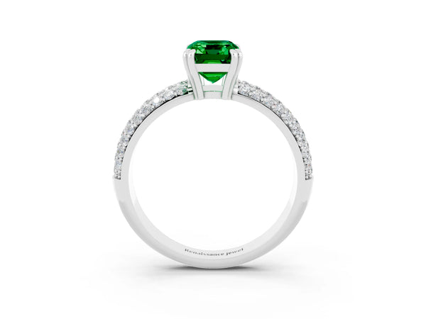 Silver Emerald Cut Emerald Solitaire Ring with Multi-Row Round Pavé Band and Prong Setting