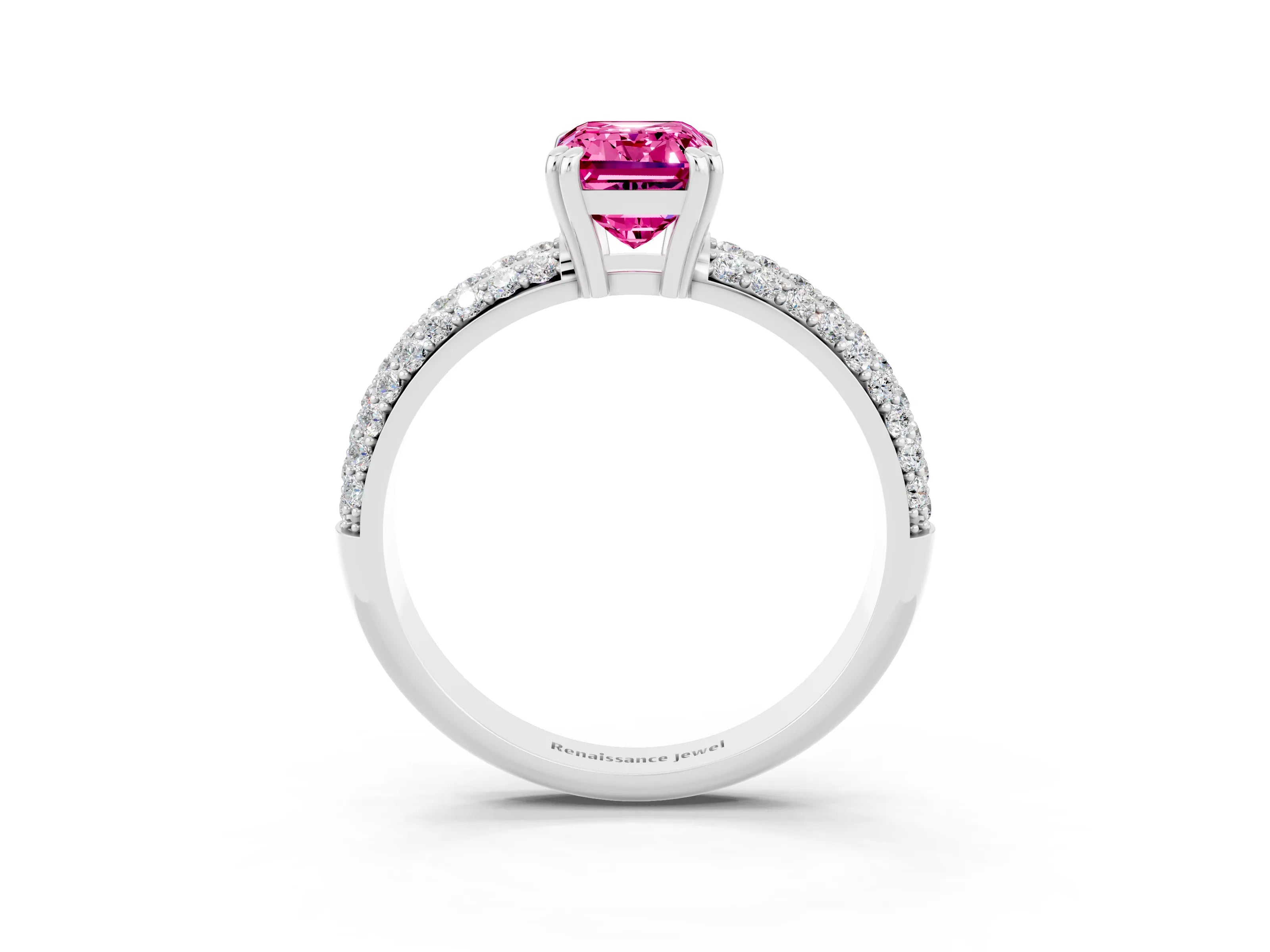 White gold Emerald Cut Cut Pave Diamond Engagement Ring with Channel Set Band and Four-Prong Setting_3