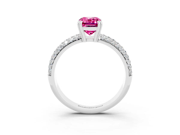 Silver Emerald Cut Pink Sapphire Solitaire Ring with Multi-Row Round Pavé Band and Prong Setting