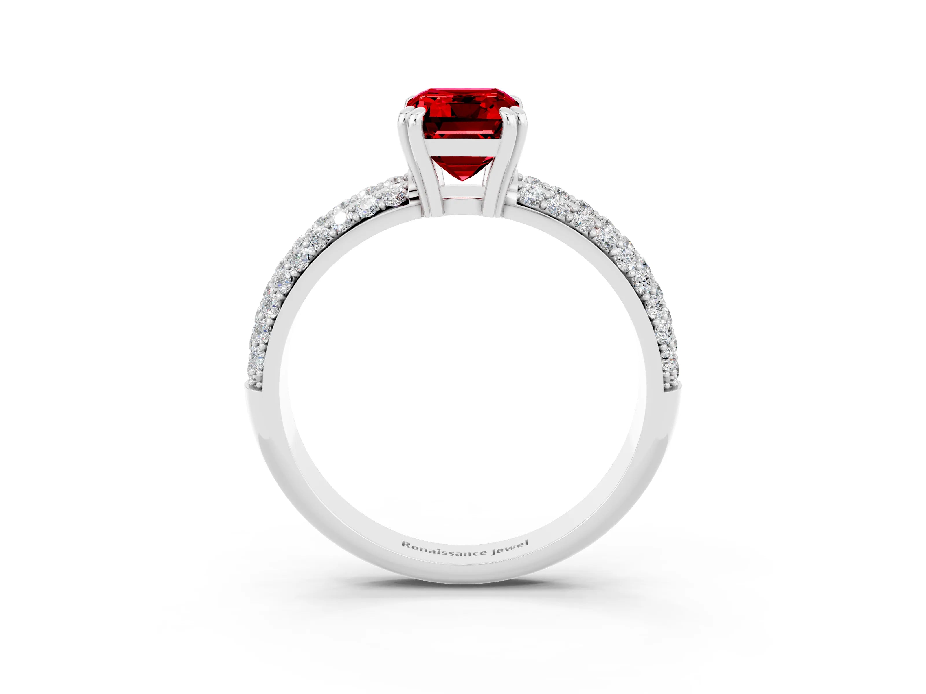 White gold Emerald Cut Cut Pave Diamond Engagement Ring with Channel Set Band and Four-Prong Setting_3