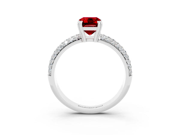 White gold Emerald Cut Cut Pave Diamond Engagement Ring with Channel Set Band and Four-Prong Setting