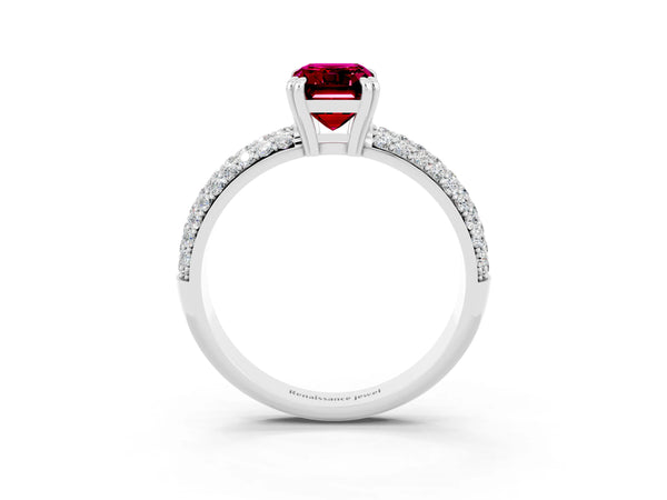 Silver Emerald Cut Garnet Solitaire Ring with Multi-Row Round Pavé Band and Prong Setting