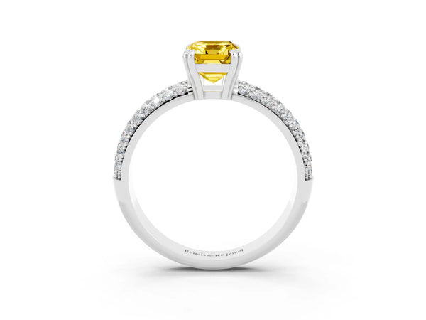 Silver Emerald Cut Yellow Sapphire Solitaire Ring with Multi-Row Round Pavé Band and Prong Setting