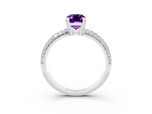 White gold Emerald Cut Amethyst Solitaire Ring with Multi-Row Round Pavé Band and Prong Setting