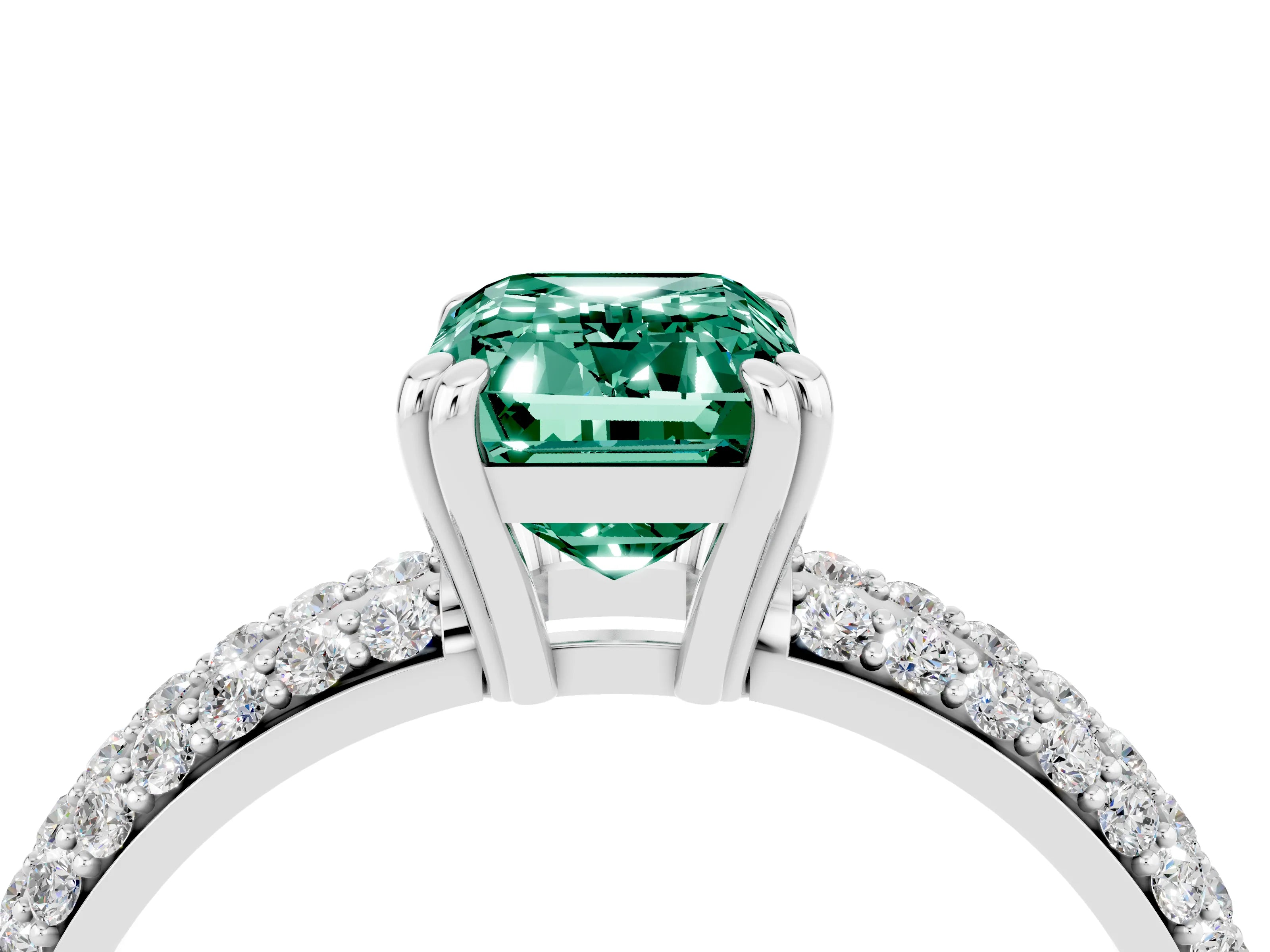 White gold Emerald Cut Cut Pave Diamond Engagement Ring with Channel Set Band and Four-Prong Setting_4