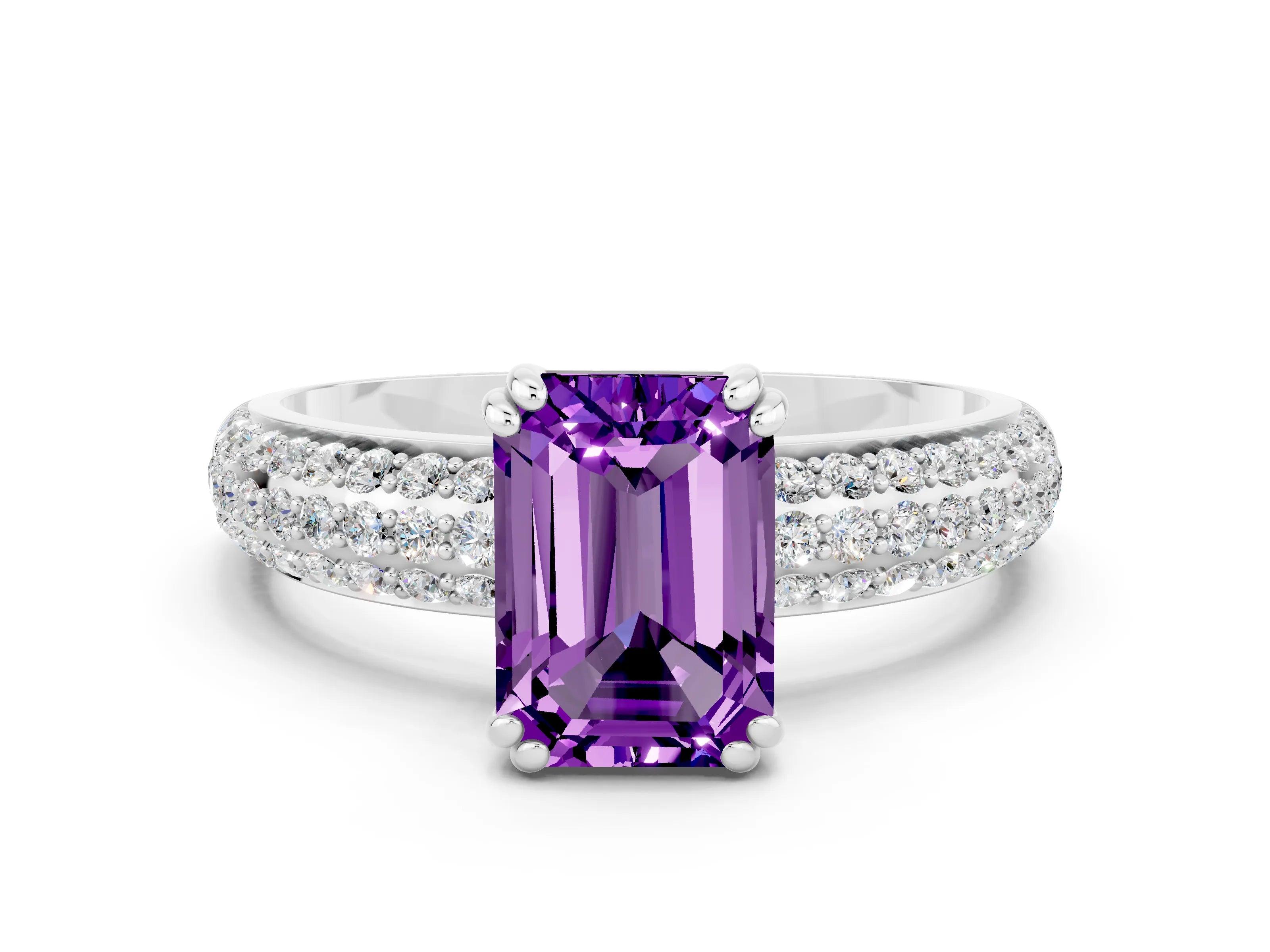 White gold Emerald Cut Cut Pave Diamond Engagement Ring with Channel Set Band and Four-Prong Setting