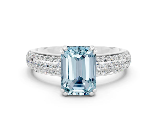 Silver Emerald Cut Aquamarine Solitaire Ring with Multi-Row Round Pavé Band and Prong Setting