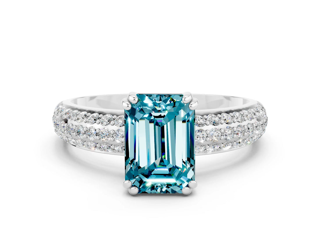 White gold Emerald Cut Cut Pave Diamond Engagement Ring with Channel Set Band and Four-Prong Setting