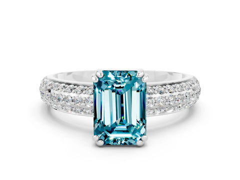 White gold Emerald Cut Cut Pave Diamond Engagement Ring with Channel Set Band and Four-Prong Setting