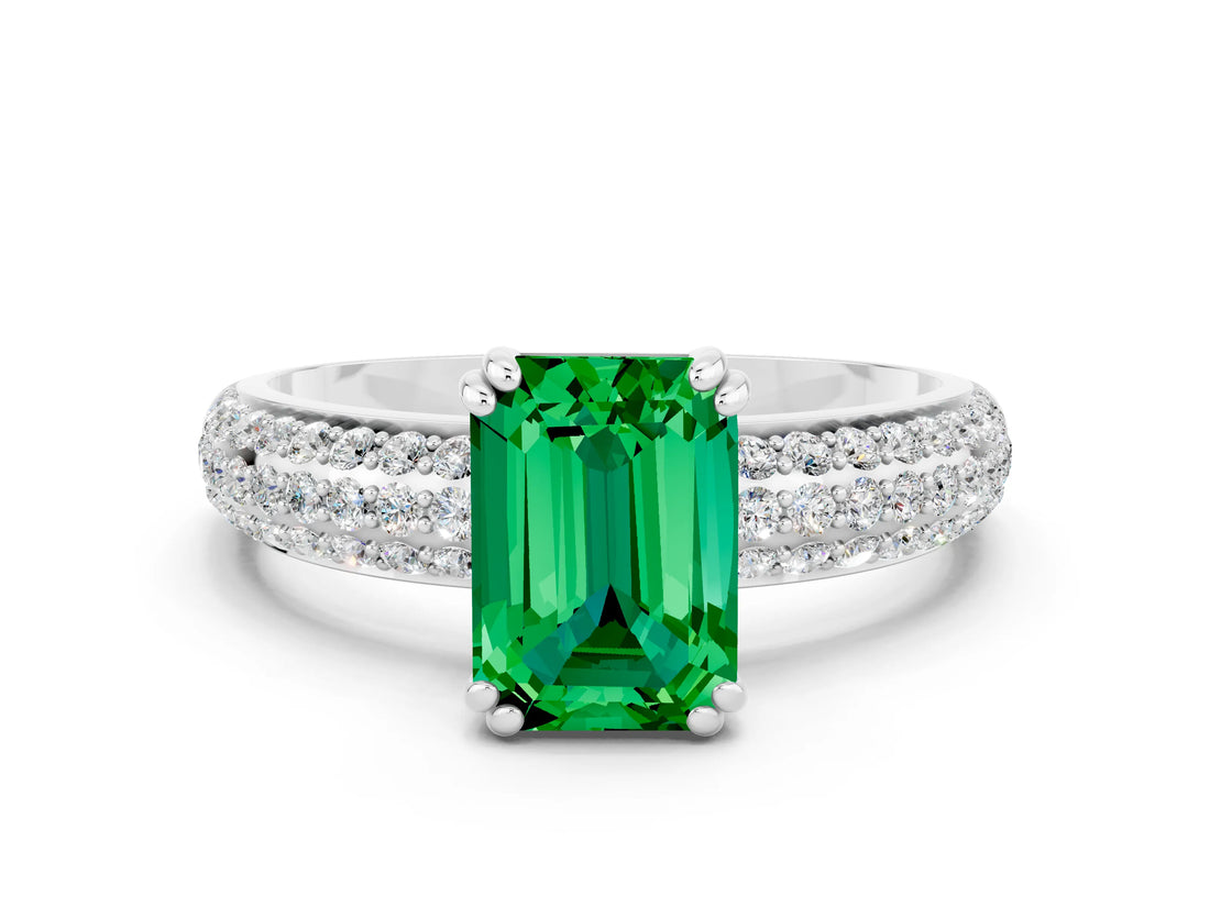 White gold Emerald Cut Cut Pave Diamond Engagement Ring with Channel Set Band and Four-Prong Setting
