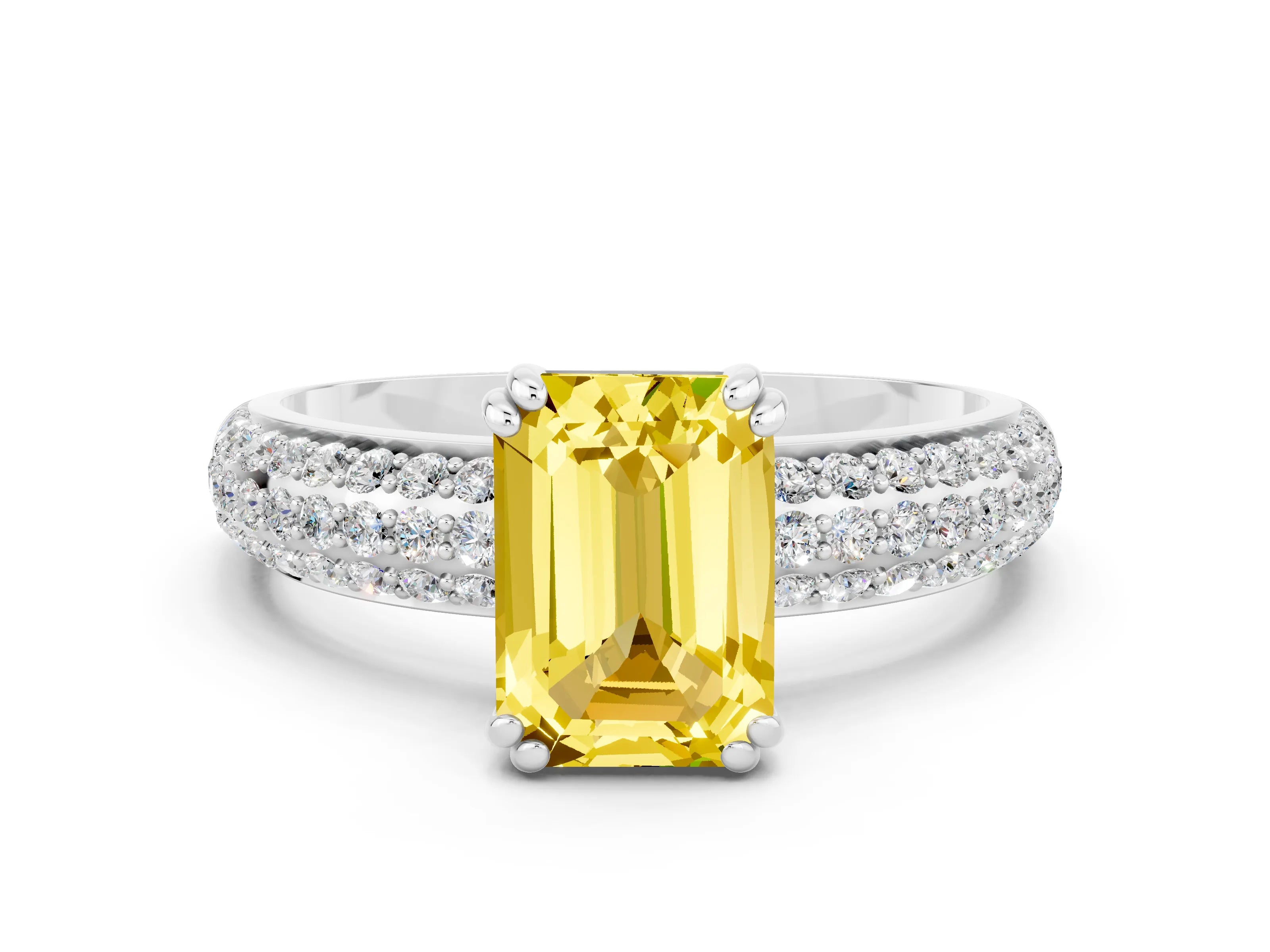White gold Emerald Cut Cut Pave Diamond Engagement Ring with Channel Set Band and Four-Prong Setting