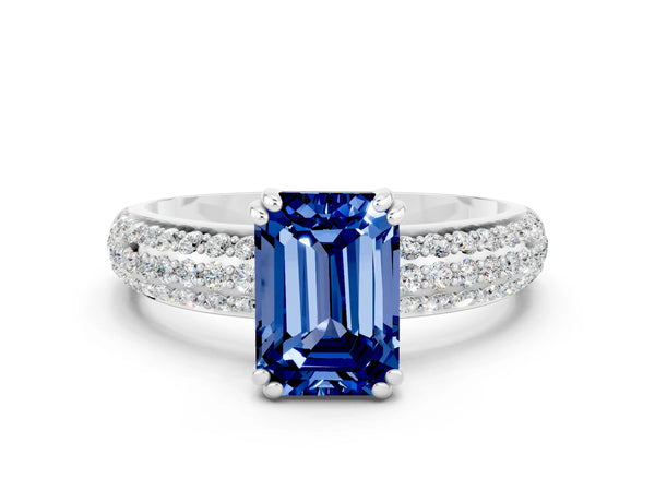 Silver Emerald Cut Blue Sapphire Solitaire Ring with Multi-Row Round Pavé Band and Prong Setting
