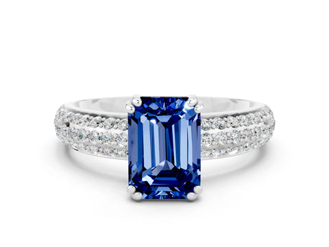 White gold Emerald Cut Cut Pave Diamond Engagement Ring with Channel Set Band and Four-Prong Setting