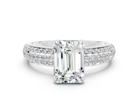 White gold Emerald Cut Cut Pave Diamond Engagement Ring with Channel Set Band and Four-Prong Setting