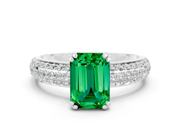 White gold Emerald Cut Emerald Solitaire Ring with Multi-Row Round Pavé Band and Prong Setting