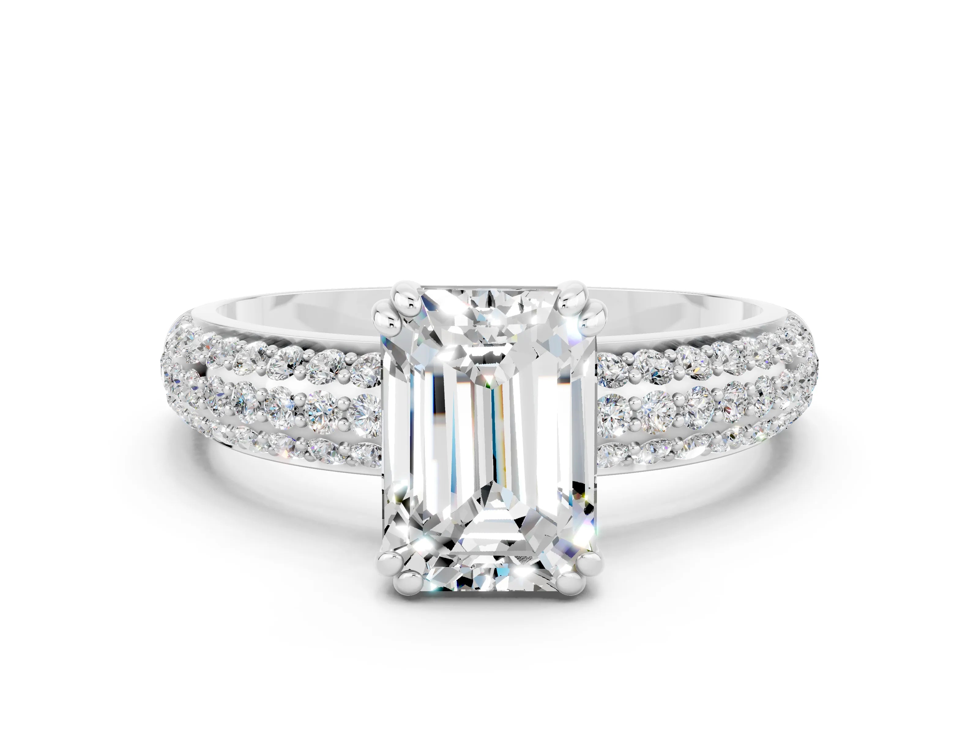 White gold Emerald Cut Cut Pave Diamond Engagement Ring with Channel Set Band and Four-Prong Setting