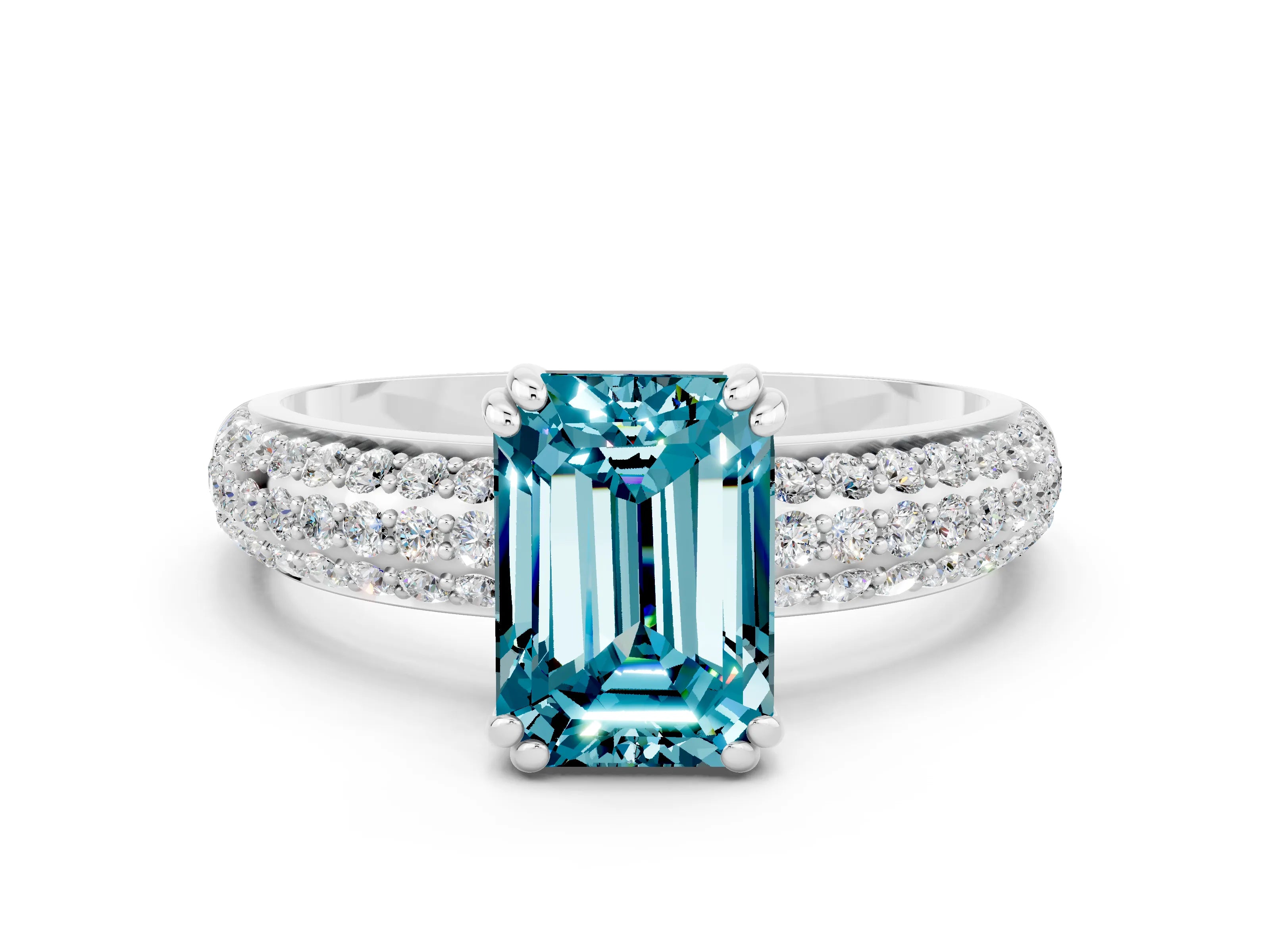 White gold Emerald Cut Cut Pave Diamond Engagement Ring with Channel Set Band and Four-Prong Setting