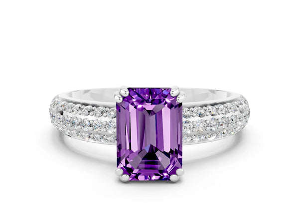 Platinum Emerald Cut Amethyst Solitaire Ring with Multi-Row Round Pavé Band and Prong Setting