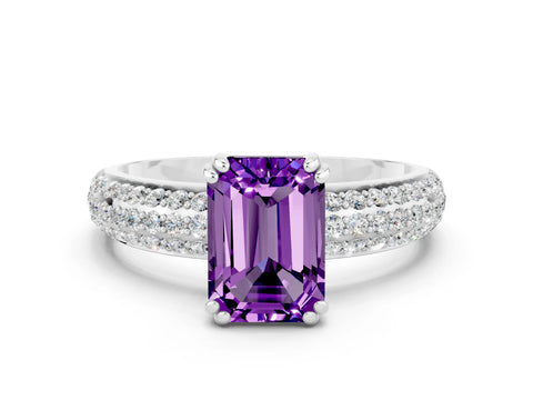 White gold Emerald Cut Cut Pave Diamond Engagement Ring with Channel Set Band and Four-Prong Setting