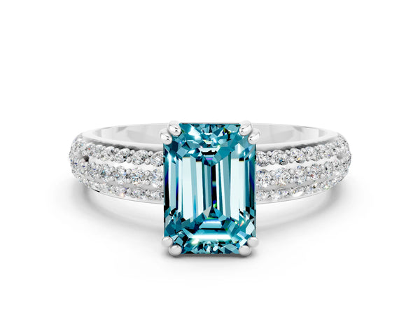 White gold Emerald Cut Cut Pave Diamond Engagement Ring with Channel Set Band and Four-Prong Setting