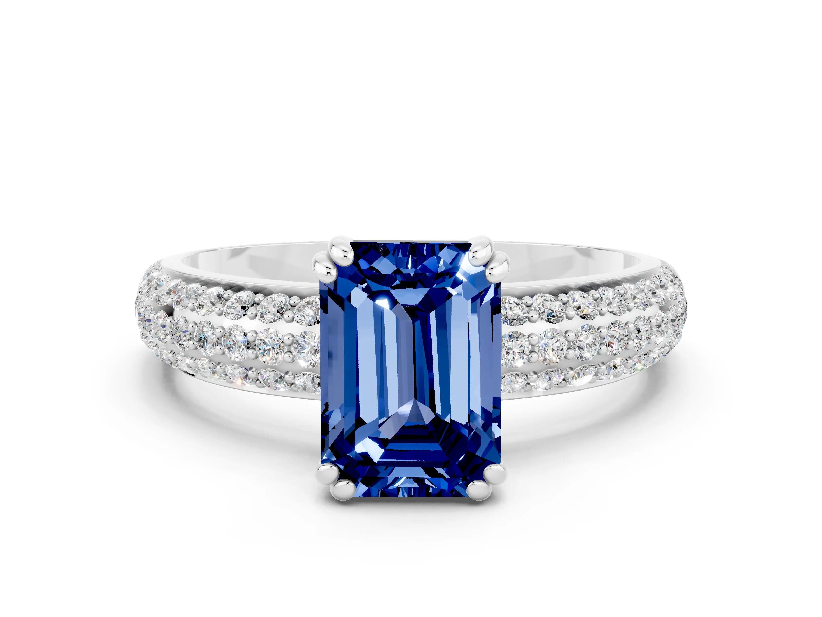 White gold Emerald Cut Cut Pave Diamond Engagement Ring with Channel Set Band and Four-Prong Setting