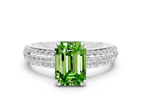 White gold Emerald Cut Cut Pave Diamond Engagement Ring with Channel Set Band and Four-Prong Setting